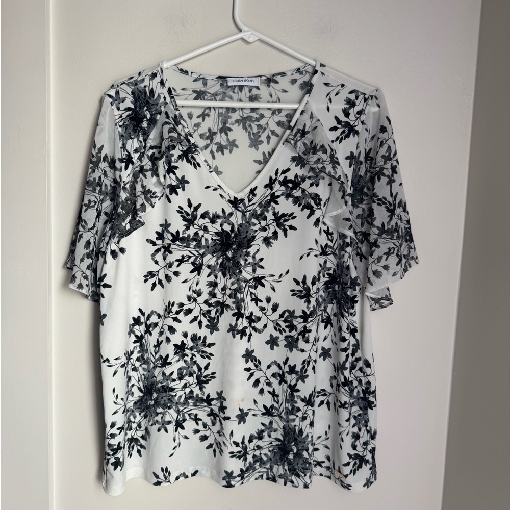 Calvin Klein Black Floral on White Blouse